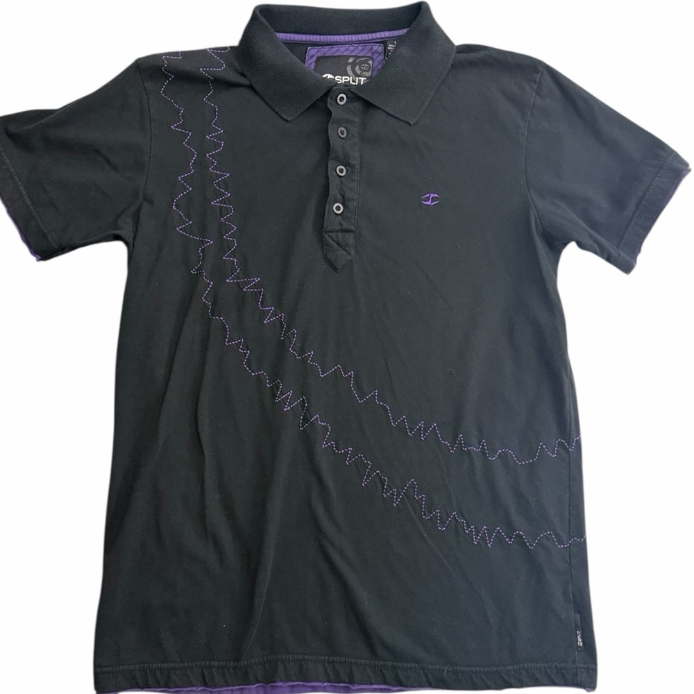 Split Men’s Polo Shirt Black Purple Stitching Short Sleeve Size Large‎